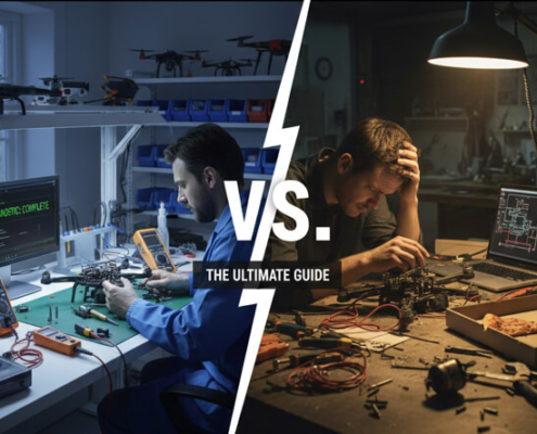A comparison image showing professional drone repair service on the left and DIY repair on the right. On the left, a professional technician repairs a drone in a clean workshop, labeled "PRO SERVICE", On the right, a man struggles with drone repair in a messy DIY setting, labeled "DIY,"