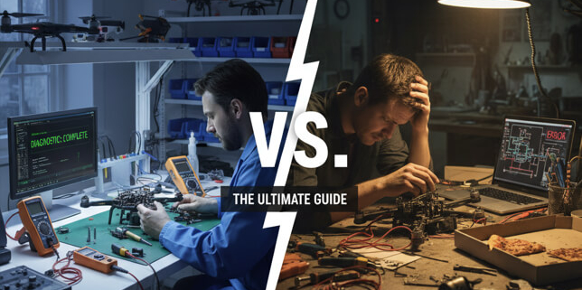 صورة مقارنة تُظهر خدمة إصلاح الطائرات بدون طيار الاحترافية على اليسار وإصلاحها بنفسك على اليمين. على اليسار، فني محترف يقوم بإصلاح طائرة بدون طيار في ورشة عمل نظيفة، مكتوب عليها "خدمة احترافية"، وعلى اليمين، رجل يكافح لإصلاح طائرة بدون طيار في بيئة فوضوية "اصنعها بنفسك"، مكتوب عليها "اصنعها بنفسك"."